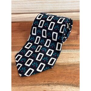 Hickey Freeman Men's Teal Black Textured Square Gem Geometric Silk Neck Tie